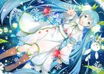  ahoge aqua_eyes aqua_hair boots brown_footwear bunny fur_boots hatsune_miku headset knee_boots konka long_hair looking_at_viewer open_mouth outstretched_arm snowflakes twintails very_long_hair vocaloid yuki_miku yukine_(vocaloid) 