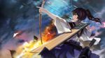  aiming arrow artist_name bad_id bad_pixiv_id blurry bow_(weapon) brown_hair depth_of_field drawing_bow explosion flight_deck from_behind holding holding_arrow holding_bow_(weapon) holding_weapon kaga_(kantai_collection) kantai_collection outstretched_arm ponytail profile quiver solo swd3e2 weapon yellow_eyes 