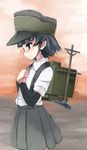  arare_(kantai_collection) arm_warmers black_hair brown_eyes collared_shirt grey_skirt hands_on_own_chest hat highres kantai_collection machinery noa_(nagareboshi) profile shirt short_hair short_sleeves skirt solo suspenders tears water 