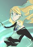  blonde_hair blue_eyes commentary earrings harry_potter highres jewelry long_hair luna_lovegood necktie nina-serena school_uniform signature solo wand 