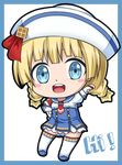  blonde_hair blue_eyes blush braid chibi dixie_cup_hat hat looking_at_viewer military_hat monster_hunter monster_hunter_3_g open_mouth quest_receptionist_(monster_hunter_3_ultimate) smile solo thighhighs twin_braids white_legwear wisewolf_art 
