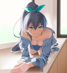  all_fours bare_shoulders black_hair breasts cleavage downblouse earrings fang ganaha_hibiki green_eyes idolmaster idolmaster_(classic) jewelry long_hair looking_at_viewer medium_breasts ponytail smile solo taka_(takahirokun) 