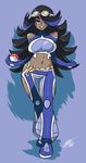  bad_id bad_tumblr_id bare_shoulders bellbottoms big_hair bigdead93 black_hair blue_eyes blue_hair breasts chain_belt contrapposto dark_skin full_body goggles goggles_on_head hair_over_one_eye highres holding holding_poke_ball izumi_(pokemon) large_breasts long_hair midriff multicolored_hair navel poke_ball pokemon pokemon_(game) pokemon_oras shoulder_cutout solo standing team_aqua turtleneck 