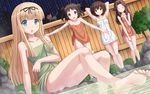  armpits arms_up barefoot bathing blonde_hair brown_eyes brown_hair cat commentary crossover double_bun feet green_eyes hair_ribbon highres jintsuu_(kantai_collection) kantai_collection kazenokaze long_hair multiple_girls naka_(kantai_collection) naked_towel nichijou onsen open_mouth ribbon sakamoto_(nichijou) scarf sendai_(kantai_collection) short_hair smile towel two_side_up water yuudachi_(kantai_collection) 