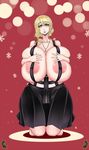  1girl areola_slip areolae bare_shoulders blonde_hair breast_hold breasts christmas collarbone curvy faina_(psp) female gigantic_breasts green_eyes highres kneeling large_areolae lips milf mole mole_under_eye necklace no_bra original psp(3dass) skirt solo wide_hips 