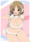  :d animal_costume blush breasts brown_eyes brown_hair cleavage flower hair_flower hair_ornament idolmaster idolmaster_cinderella_girls large_breasts looking_at_viewer midriff mimura_kanako navel open_mouth sheep_costume short_hair smile solo sumeragi_kohaku 