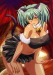  1girl animal_ears bare_shoulders blush breasts cat_ears cat_tail cleavage curvy dark_skin green_eyes green_hair ikkitousen large_breasts long_hair looking_at_viewer navel official_art ryofu_housen smile solo tail 