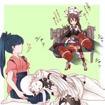  &gt;:) 4girls ankle_boots bare_shoulders black_gloves black_hair boots cannon detached_sleeves elbow_gloves gameplay_mechanics gloves grey_footwear hakama headgear houshou_(kantai_collection) japanese_clothes kantai_collection kobone lap_pillow long_hair machinery midriff mittens multiple_girls nagato_(kantai_collection) navel northern_ocean_hime pantyhose pleated_skirt ponytail red_eyes seaport_hime shinkaisei-kan skirt sleeping smile tasuki tears thighhighs translated turret v-shaped_eyebrows 