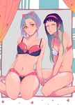  black_hair bra closed_eyes frilled_bra frilled_panties frills guila hair_ribbon hairband jericho_(nanatsu_no_taizai) long_hair multiple_girls nanatsu_no_taizai nedime panties ponytail ribbon silver_hair sitting underwear underwear_only 