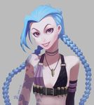  blue_hair braid bullet jinx_(league_of_legends) league_of_legends lipstick makeup necklace pink_eyes tattoo twin_braids 