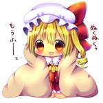  absurdres ascot blanket blonde_hair blush bow chibi chocolat_(momoiro_piano) fang flandre_scarlet hat hat_bow highres mob_cap open_mouth red_eyes side_ponytail sitting smile solo touhou under_covers 