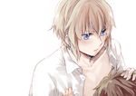  blue_eyes blush brown_hair buddy_complex hand_on_another's_head jun'you_dio_weinburg male_focus multiple_boys mysterymiharu open_clothes open_shirt shirt short_hair solo_focus upper_body watase_aoba yaoi 