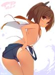  ass breasts brown_eyes brown_hair highres i-401_(kantai_collection) kantai_collection one-piece_swimsuit ponytail sideboob small_breasts solo swimsuit swimsuit_pull tan tanline thigh_gap watanon_(gakushokutei) 