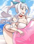  :d alternate_hairstyle ball beach beachball bent_over bikini bracelet breast_press breasts choker cleavage cloud collarbone day hair_intakes hairband idolmaster idolmaster_(classic) jewelry large_breasts long_hair ocean open_mouth outdoors ponytail purple_eyes shijou_takane silver_hair sky smile solo sparkle strap_slip sunlight swimsuit tokiani water 