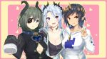  &gt;:) 3girls :d :o aqua_eyes arm_around_waist bangs black_hair black_shirt blue_hair blue_jacket blush breasts cleavage collar collarbone dark_skin drawstring eyebrows_visible_through_hair eyepatch fur-trimmed_sleeves fur_trim grey_hair heart high_collar honey_strap hood hood_down hoodie horns irohasu jacket large_breasts long_sleeves looking_at_viewer mole mole_under_eye multiple_girls no_bra one_eye_covered open_clothes open_jacket open_mouth parted_bangs partially_unbuttoned pink_background pointy_ears purple_eyes sekishiro_mico shimamura_charlotte shirt short_hair side_ponytail sleeves_past_fingers sleeves_past_wrists smile sougetsu_eli sparkle two-tone_background upper_body v yellow_eyes 