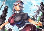  arrow blue_sky bow_(weapon) braid breasts cloud day grey_eyes hat huge_breasts long_hair nurse_cap puffy_short_sleeves puffy_sleeves sash shirt short_sleeves silver_hair single_braid skirt sky solo touhou umigarasu_(kitsune1963) very_long_hair weapon yagokoro_eirin 