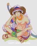  1boy 2015 abs bodypaint bow_(weapon) chin_rest helmet horns indian_style kirayoci leaning loincloth monkey_d_luffy necklace new_year one_piece sandals scar shorts sitting smile solo topless weapon 