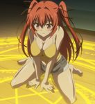  1girl barefoot breasts feet highres large_breasts long_hair naruse_mio red_hair screencap shinmai_maou_no_testament shorts sitting solo stitched 