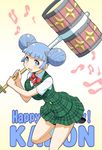  1girl blue_eyes blue_hair blush breasts character_name double_bun dress english haganemaru_kennosuke hammer happy_birthday kanon_(senran_kagura) large_breasts musical_note plaid plaid_dress school_uniform senran_kagura senran_kagura_(series) symbol-shaped_pupils 