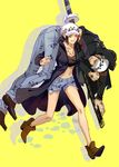  ankle_boots boots carrying denim denim_shorts dual_persona genderswap hat jacket jeans kirayoci multiple_persona one_piece open_jacket pants running sheathed_sword shorts sword tattoo trafalgar_law weapon yellow_background yellow_eyes 
