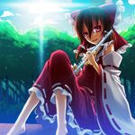  bad_id bad_pixiv_id barefoot brown_hair din_(flypaper) flute hakurei_reimu instrument red_eyes solo touhou 