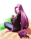  casual cup denim fate/stay_night fate_(series) glasses jeans long_hair low-tied_long_hair pants purple_eyes purple_hair rider sitting sweater takeuchi_takashi tea very_long_hair 