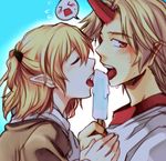  bad_id bad_pixiv_id blonde_hair blush closed_eyes food half_updo horn hoshiguma_yuugi ice_cream long_hair mizuhashi_parsee multiple_girls pointy_ears popsicle red_eyes rex_k scarf sexually_suggestive short_hair sweat tongue touhou 