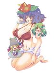  bad_id bad_pixiv_id barefoot bikini bottle breasts chibi flower frilled_bikini frills full_body hair_flower hair_ornament hibiscus huge_breasts kochiya_sanae kogawa moriya_suwako multiple_girls o-ring o-ring_top pinky_out red_bikini short_hair short_shorts shorts simple_background swimsuit touhou unzipped water water_bottle white_background yasaka_kanako 