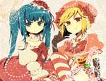  aqua_eyes aqua_hair azuma_seiji bad_id bad_pixiv_id beret blonde_hair dress elbow_gloves furudo_erika gloves hat lambdadelta multiple_girls pink_hat pumpkin red_eyes ribbon short_hair thighhighs twintails umineko_no_naku_koro_ni zettai_ryouiki 