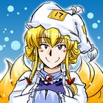  azuki_osamitsu blonde_hair blue_background cosplay hands_in_opposite_sleeves hat heterochromia multiple_tails pillow_hat ribbon smile solo tail tassel touhou yakumo_ran yakumo_ran_(cosplay) yakumo_yukari 