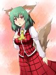  animal_ears ascot blush breasts green_hair hand_on_own_chest kazami_yuuka kemonomimi_mode medium_breasts plaid plaid_skirt plaid_vest red_eyes reon_(saikyou) short_hair skirt skirt_set solo tail touhou vest 