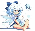  ario barefoot blue_eyes blue_hair bow cirno crossover eyebrows feet hair_bow ice metroid metroid_(creature) short_hair smile solo touhou wings 