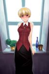  angela_charon_brooks bare_shoulders blonde_hair blue_eyes blush bottle jewelry mahou_tsukai_ni_taisetsu_na_koto necklace shirt short_hair sleeveless sleeveless_shirt solo window yasuomi 