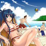  2boys ball beach beachball bikini blue_eyes blue_hair breasts clark_still cloud day large_breasts legs leona_heidern long_hair lowres multiple_boys ocean outdoors ponytail ralf_jones sakura_mafumi side-tie_bikini sky striped striped_bikini swimsuit the_king_of_fighters thighs 