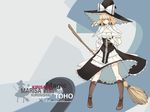  alternate_costume blonde_hair boots broom cleavage_cutout curiosities_of_lotus_asia hat highres kirisame_marisa petticoat short_hair smile solo takaharu touhou wallpaper witch_hat wrist_cuffs yellow_eyes 