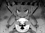  aozora_market bat face fang full_moon greyscale hat monochrome moon remilia_scarlet short_hair silhouette solo touhou 