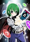  1girl aki_(akikaze_asparagus) antennae belt cape card green_hair henshin highres holding holding_card kamen_rider kamen_rider_dcd kamen_rider_decade mystia_lorelei parody rumia solo team_9 touhou wriggle_nightbug 