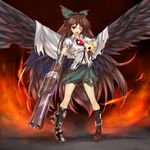  alternate_weapon arm_cannon asymmetrical_clothes bad_id bad_pixiv_id blood brown_hair hair_ribbon highres long_hair midriff mismatched_footwear navel one_eye_closed red_eyes reiuji_utsuho ribbon solo takemori_shintarou tears torn_clothes touhou very_long_hair weapon wings 