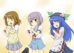  blue_hair castanets crossover hat hinanawi_tenshi hirasawa_yui instrument k-on! kita_high_school_uniform long_hair multiple_girls nagato_yuki school_uniform serafuku short_hair suzumiya_haruhi_no_yuuutsu tetora_(kari) touhou un_tan 