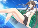  breasts brown_eyes brown_hair caustics day dutch_angle fault!! fence game_cg legs light_smile long_hair long_legs outdoors panties pool poolside refraction ripples school_uniform sky small_breasts solo sugiyama_mio tanaka_takayuki twintails underwear 
