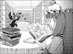  aozora_market bangs blunt_bangs book falling greyscale hat head_wings koakuma library manga_(object) monochrome multiple_girls patchouli_knowledge perspective reading touhou voile 