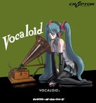  aqua_hair fine_art_parody hatsune_miku hirabaru_kenji his_master's_voice long_hair parody phonograph rca solo squatting thighhighs twintails very_long_hair vocaloid 