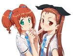  bow brown_hair green_eyes hair_bow idolmaster idolmaster_(classic) long_hair minase_iori mouth_hold multiple_girls necktie orange_hair red_eyes rough_time_school takatsuki_yayoi ttomm twintails 