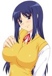  :3 black_hair breasts impossible_clothes impossible_shirt kurusugawa_ayaka large_breasts long_hair school_uniform shichimenchou shirt simple_background solo sweater_vest to_heart vest 