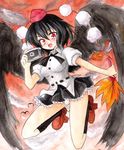  bird black_hair black_wings blush camera fan geta hat hauchiwa looking_at_viewer nib_pen_(medium) ochimusha open_mouth red_eyes shameimaru_aya sky smile solo tengu-geta tokin_hat touhou traditional_media watercolor_(medium) wings 