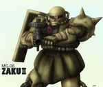  bad_pixiv_id gun gundam machine_gun mecha mobile_suit_gundam no_humans signature simple_background solo viridian-c weapon zaku zaku_ii zaku_ii_f/j 