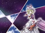  aozora_market blonde_hair closed_umbrella dress duplicate hat hat_ribbon holding long_sleeves mob_cap purple_background red_ribbon ribbon short_hair smile solo standing star starry_background tabard touhou umbrella white_dress yakumo_yukari 