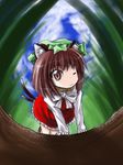  animal_ears aozora_market brown_eyes brown_hair cat_ears cat_tail chen lowres multiple_tails solo tail touhou 