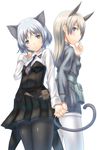  animal_ears black_legwear blonde_hair blue_eyes blush cat_ears couple eila_ilmatar_juutilainen green_eyes holding_hands long_hair military military_uniform multiple_girls pantyhose sabamu sanya_v_litvyak short_hair silver_hair smile strike_witches tail uniform white_legwear world_witches_series yuri 