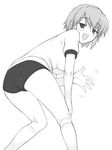  ass bent_over buruma greyscale gym_uniform kotonomiya_yuki looking_back monochrome shichimenchou simple_background socks solo suigetsu 